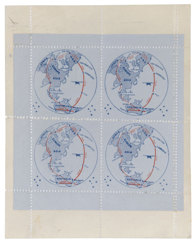 THE LAST FLIGHT OF THE "SOUTHERN CROSS". A complete proof sheetlet of four of the round-the-world-route-map vignettes designed by Ernest Crome. Provenance: From the estate of Ernest Crome.