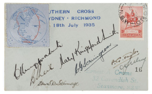 THE LAST FLIGHT OF THE "SOUTHERN CROSS". 18th July 1935 special envelope carried aboard the "Southern Cross" on its' flight from Mascot to Richmond. The envelope is numbered "16" and has been signed by everyone on board: Charles Kingsford Smith, Mary King