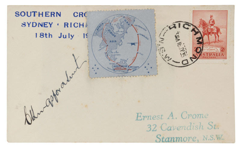 THE LAST FLIGHT OF THE "SOUTHERN CROSS". A special envelope postmarked at RICHMOND on 18th July 1935 at the conclusion of the short flight from Mascot; signed by the pilot, Charles Kingsford Smith, bearing a perforated vignette and addressed to Ernie Cro
