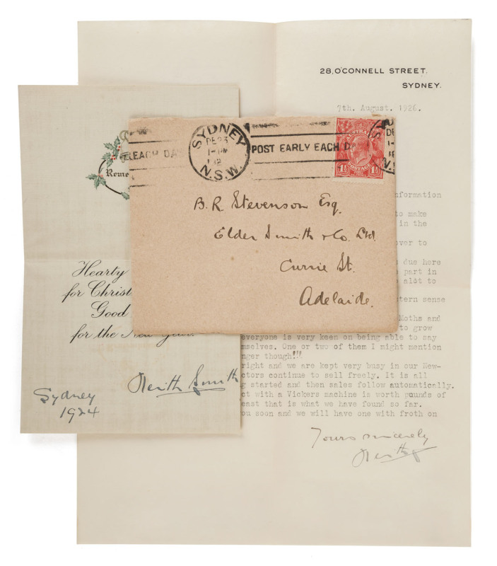 A CORRESPONDENCE WITH KEITH SMITH: 1917 - 1926, A group of letters and postcards, six items in all, all addressed and written by Keith Smith to his friend, B.R. Stevenson (who he addresses as "Steve"), an employee of Elder, Smith & Co., Adelaide: