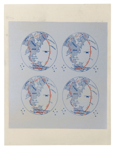 THE LAST FLIGHT OF THE "SOUTHERN CROSS". A complete IMPERFORATE proof sheetlet of four of the round-the-world-route-map vignettes designed by Ernest Crome. Provenance: From the estate of Ernest Crome.