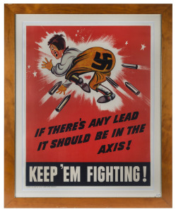 ANTI-NAZI PARTY FROM GENERAL MOTORS: "IF THERE'S ANY LEAD IT SHOULD BE IN THE AXIS : KEEP 'EM FIGHTING!", 1942, colour lithograph, produced by the Fisher Body Division of General Motors Corporation, 104 x 79cm (laid down on linen; framed and glazed, overa