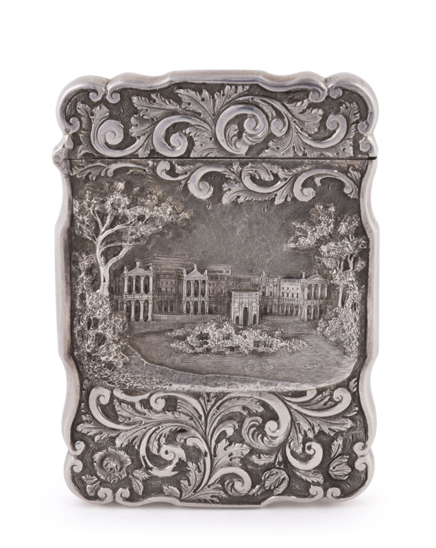 NATHANIEL MILLS "Buckingham Palace" castle top sterling silver calling card case, stamped N.M. for Nathaniel Mills, Birmingham, circa 1843. A seldom seen view of the palace before the third major renovations which were completed in the latter part of the