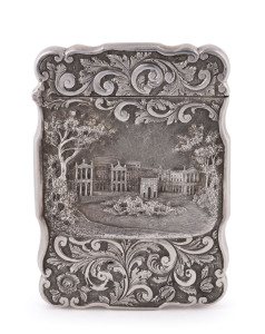 NATHANIEL MILLS "Buckingham Palace" castle top sterling silver calling card case, stamped N.M. for Nathaniel Mills, Birmingham, circa 1843. A seldom seen view of the palace before the third major renovations which were completed in the latter part of the 