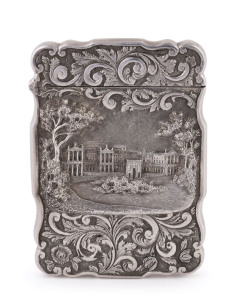 NATHANIEL MILLS "Buckingham Palace" castle top sterling silver calling card case, stamped N.M. for Nathaniel Mills, Birmingham, circa 1843. A seldom seen view of the palace before the third major renovations which were completed in the latter part of the 19th century. Rare. 10cm high, 72 grams