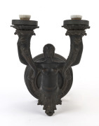 CLIVEDEN MANSION, MELBOURNE. An antique French caryatid two branch wall sconce from the famed East Melbourne Mansion, patinated bronze, 19th century, 39cm high