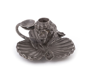 An antique English sterling silver candle holder with shell motif, Birmingham, circa 1839 6cm high, 11cm wide, 118 grams