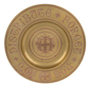 An antique English Pugin style donation charger, brass with inset copper work "Forget Not To Distribute", 19th century, 39cm diameter