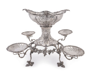 A stunning and rare Georgian sterling silver epergne centrepiece by EMICK ROMER of London, circa 1771, 37cm high, 44cm wide, 41cm deep, 2285 grams