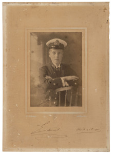 KING EDWARD VIII: Autograph on mount of photograph by W. & D. Downey, showing a young Prince of Wales in naval uniform, dated on the mount, "March 22nd 1911", mounted on card. Photograph pleasantly faded with slight staining and minor abrasion. 20 x 28cm 