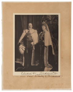 KING EDWARD VII & QUEEN ALEXANDRA: Autographs on the mount of a superb photograph by W. & D. Downey, showing the Royal couple in full ceremonial robes, inscribed on the mount "1910. Our Last Opening of Parliament", mounted on card, 24 x 31cm overall