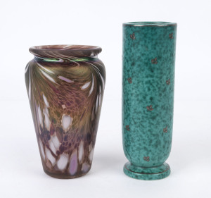 A vintage hand blown "Fabrille" glass vase with iridescent finish, together with a Gustavsberg Argenta Swedish pottery vase with silver inlay, (2 items), factory mark to the base, the taller 17.5cm high