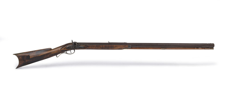KENTUCKIAN American antique muzzle loading percussion rifle with figured maple stock and hexagonal steel barrel, ​signed "A.Spies", circa 1850, 128cm long