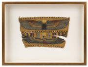 A Roman-Egyptian cartonnage panel depicting Kheper and the Goddess Isis, circa 1st Century BC, with B.C. Galleries (Armadale, Victoria) CofA, box mounted and framed, 22 x 24cm, overall 40 x 52cm in frame