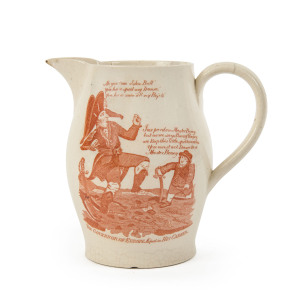 NAPOLEON antique creamware jug, probably Liverpool, transfer printed in red, "The Governor of Europe Stoped in his Career", 13cm high