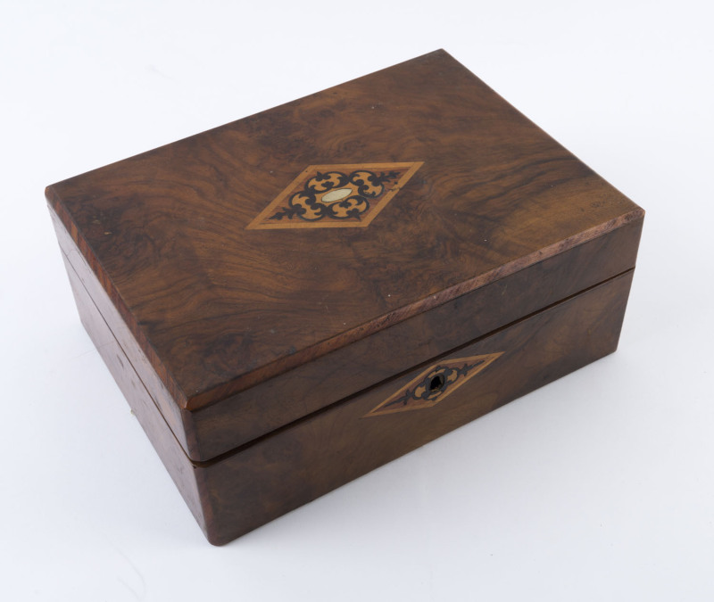 An antique English deed box, walnut with inlaid panels, 19th century, missing escutcheon, 12cm high, 30cm wide, 22cm deep