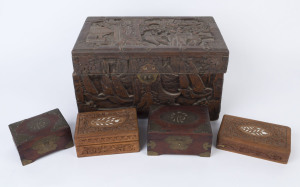 Five assorted timber boxes, Chinese and Indian, 20th century, ​the largest 22cm high, 38cm wide, 24cm deep