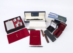 Hip flask drink set, pen, Seiko watch in box, assorted watch boxes etc. (qty).