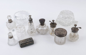 A collection of assorted glass and crystal vanity jars, atomizer, perfume bottles and box, silver and plated mounts, 19th and 20th century, the largest 16cm high