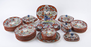 Rare antique Chinoiserie patterned dinner ware comprising 12 dinner plates, 12 entree plates, 12 side plates, 12 bowls, 2 platters, 3 tureens and some spares, most likely Welsh manufacture, circa 1835, (56 pieces), 