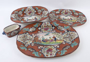 Rare antique Chinoiserie patterned dinner ware comprising 12 dinner plates, 12 entree plates, 12 side plates, 12 bowls, 2 platters, 3 tureens and some spares, most likely Welsh manufacture, circa 1835, (56 pieces), ​ - 2