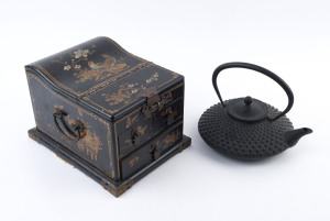 A Japanese cast iron teapot together with a vanity box, 20th century, (2 items), ​the box 19cm high