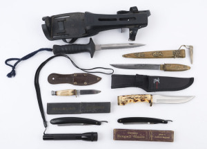 Diving knife, hunting knives, Japanese paper knife, two cutthroat razors, a Mini Maglite and a pair of Yashika 3 x 27 pocket binoculars, (8 items), the diving knife 27cm long