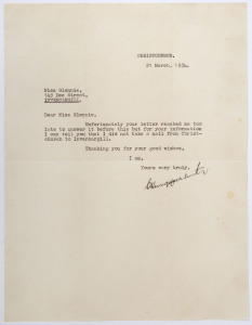 CHARLES KINGSFORD SMITH: 21 March 1934 letter from Christchurch addressed to a correspondent in Invercargill; typed, but signed by Kingsford Smith, in which he explains that he did not carry mail on his flight between those two cities.