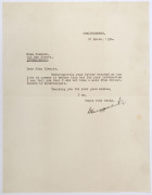 CHARLES KINGSFORD SMITH: 21 March 1934 letter from Christchurch addressed to a correspondent in Invercargill; typed, but signed by Kingsford Smith, in which he explains that he did not carry mail on his flight between those two cities.