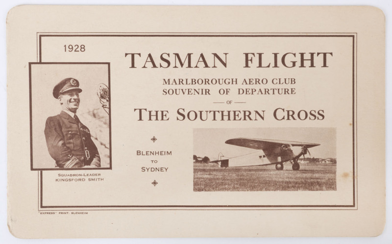 THE SOUTHERN CROSS: A 4-page souvenir card of the 31st May 1928 departure of the Southern Cross from BLENHEIM (N.Z.) to SYDNEY; created by the Marlborough Aero Club; printed by "Express" Print, Blenheim. Extremely rare.