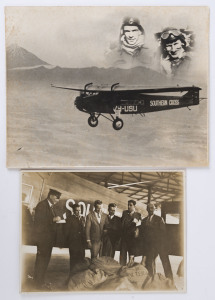 29 March 1934 the "SOUTHERN CROSS" carries mail from New Zealand to Australia: A Vacuum Oil Company photograph showing the crew (Kingsford Smith, Stannage, Percival, Pethybridge & Taylor) who had carried the airmail in a record time of 13 hours, 25 minute