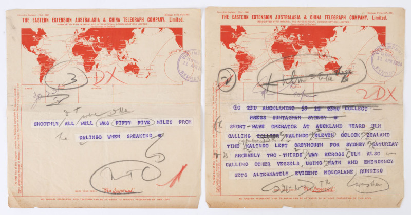 THE APRIL 1934 AIRMAIL FLIGHT TO NEW ZEALAND: 11th April 1934, two-page Imperial cablegram reporting that the short-wave (radio) operator at Auckland had heard Ulm calling the "Kalingo" and also calling other vessels "using the main and emergency [radio]