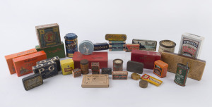 TINS & BOXES: vintage assortment with tins incl. Cadbury's "Bourn-Vita" & a sample tin for "Bournville Cocoa", Pascall "White Pine Gums", Singer sewing machine oil canister, Champion spark plugs, Bickford's "Salvital"; boxes incl. Cocksec Spiral "Best Mos