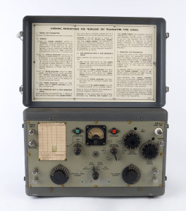 AWA: Teleradio 3BZ Transmitter Type J50062 numbered #430, with working instructions within the detachable lid. This particular model, developed in 1942 was "tropicalised" to minimise the onset of mildew, rot and fungus; size 25x40x25cm, weight 21kg, c.194