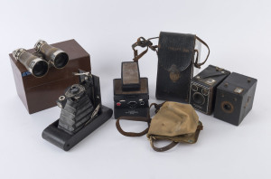 Group of vintage cameras comprising Eastman Kodak "Hawk-Eye" folding camera with leather case, two Kodak "Brownies", and a Polaroid SX-70 Land Camera 'Alpha'; also a pair of French-made opera binoculars. (5 items).