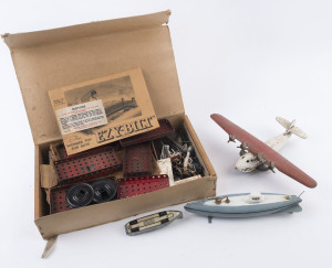 MECCANO & EZY-BUILT: constructional toy parts in box (39x23cm) including Meccano Clockwork Motor No 1 (with instructions & key), plus two Ezy-Built "Book of Models"; also Wyandotte Toys pressed China Clipper toy airplane (length 23cm), a Japanese made met