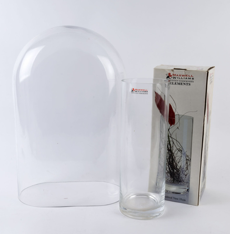 A glass dome together with a Maxwell & Williams glass vase in original box, the dome 49cm high