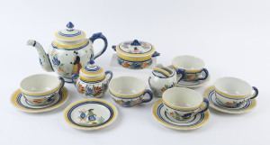 QUIMPER French earthenware tea service with five cups and saucers, (14 pieces), the teapot 21cm high