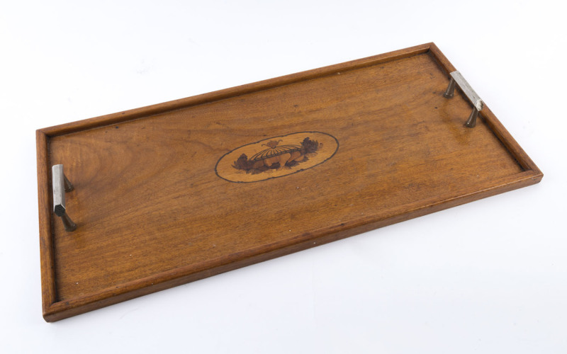 A marquetry inlay serving tray with chrome handles, early 20th century, 69cm across the handles