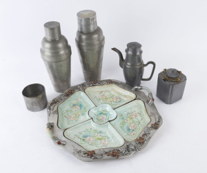 Vintage Chinese savory dish, two pewter cocktail shakers plus two teapots (5 items), 20th century, 38cm wide