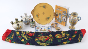 QUIMPER French earthenware serving plate, three vases, two dishes, bell, scarf, metal tray and reference book (10 items)