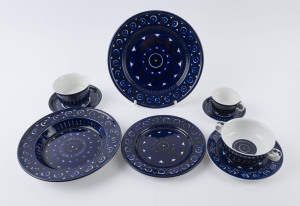 ARABIA "Valencia" Finish tableware, circa 1975, designed by Ulla Procopé (Finland, 1921-1968): a setting for six comprising of a dinner plate, a soup plate, a side plate, a dessert bowl and saucer, a coffee cup and saucer and a teacup and saucer. (54 items).