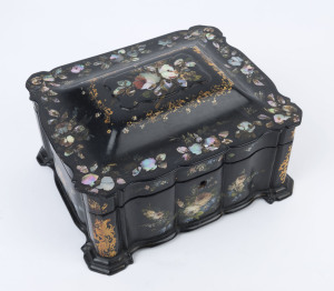 An antique English box, hand-painted papier-mâché with mother of pearl, mid 19th century, 16cm high, 28cm wide, 23cm deep