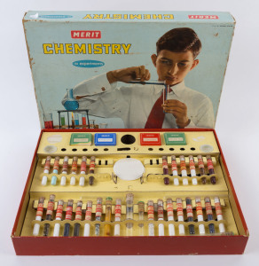 MERIT CHEMISTRY SET: appears largely complete with the original box, box width 47cm, late 1960s.  