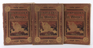 "The Works of Sir Edwin Landseer" in three (dilapidated) volumes, text by W. Cosmo Monkhouse, the gilt-tooled cloth bindings are more or less detached with many loose pages evident, however most of the 44 steel engravings and numerous woodcuts appear to b