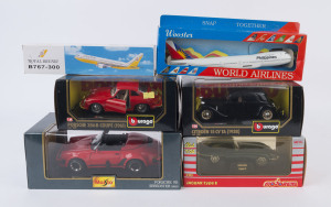 MODEL CARS (BOXED): with 1/24 scale 'Maisto' Porsche 911 Speedster, 'Majorette' Jaguar Type E, 'Burago' Citroen 15 CV TA and a Porsche 356B Coupe; also aircraft models with 1/200 scale Royal Brunei B767-300 and a 'Wooster' Philippines Airlines 747 (push-f