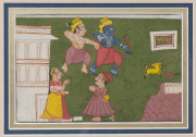 EARLY INDIAN ARTWORKS: A watercolour painting of Rama and his brother hunting the golden deer, Rajput School, early 19th century, approx. 9.5 x 14.5cm; also, two scenes back-to-back on a single sheet, similar age; both approx. 14 x 19cm. - 4