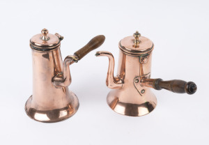Two antique English chocolate pots, copper with turned timber handles, early 19th century, ​24cm and 23cm high