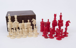 An antique barleycorn chess set, turned whalebone, 19th century, one pawn replaced. the kings 9cm high