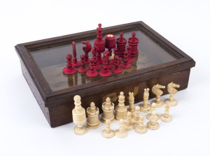 An antique whalebone chess set, 19th century, queen incomplete, ​the kings 8.5cm high